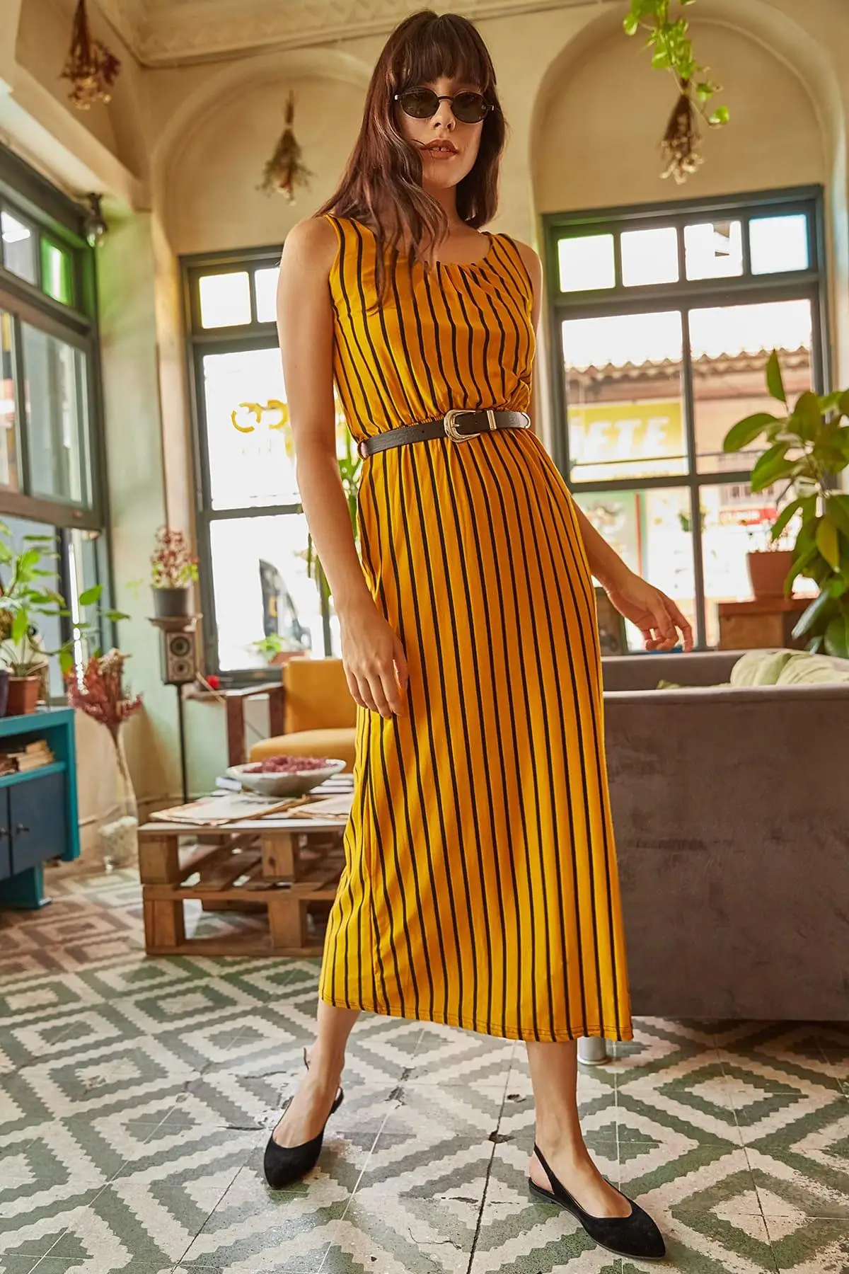 

Ola Women Mustard Beli Wheel Belted Striped Dress ELB-19000436