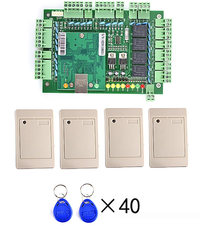 

Four Door TCP/IP Network Access Control Board Green Board for Door Access Control System+4 Pcs Card Reader +40 Pcs Key Card