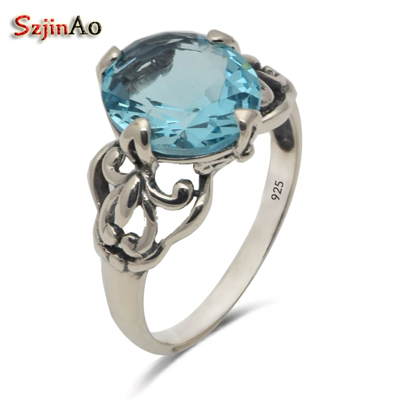 

Szjinao South Korea Small 100% Pure Princess Socialite Luxury Jewelry Ring Antique 925 Sterling Silver Sky Aquamarine Ring