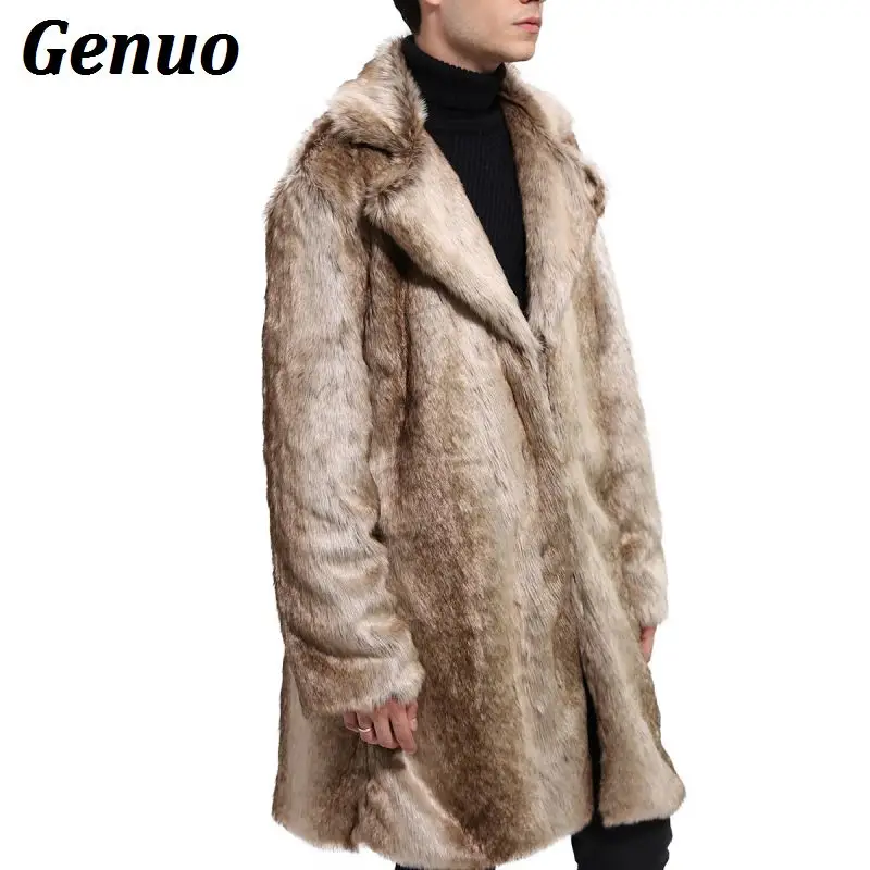 Genuo Мужская Зимняя парка из искусственного меха длинная лисий мех Толстая теплая куртка ветровка модная мужская меховая куртка градиентный цвет