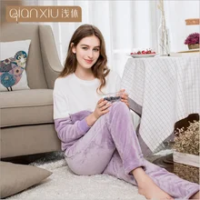 Коллекция года, Зимняя Повседневная Лоскутная пижама из двух предметов, XXL женский фланелевый бархатный костюм для сна футболка с круглым вырезом и воротником+ штаны