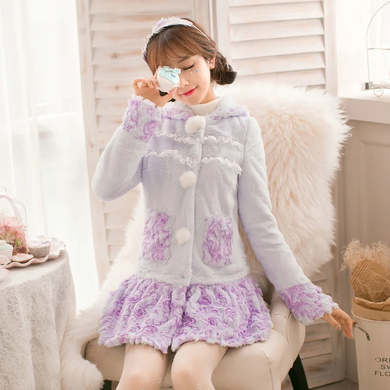 

KEQI Candy Rain Princess sweet purpl lovely fur coat flower decoration embroidery Single breasted ball top Japan C16CD6218