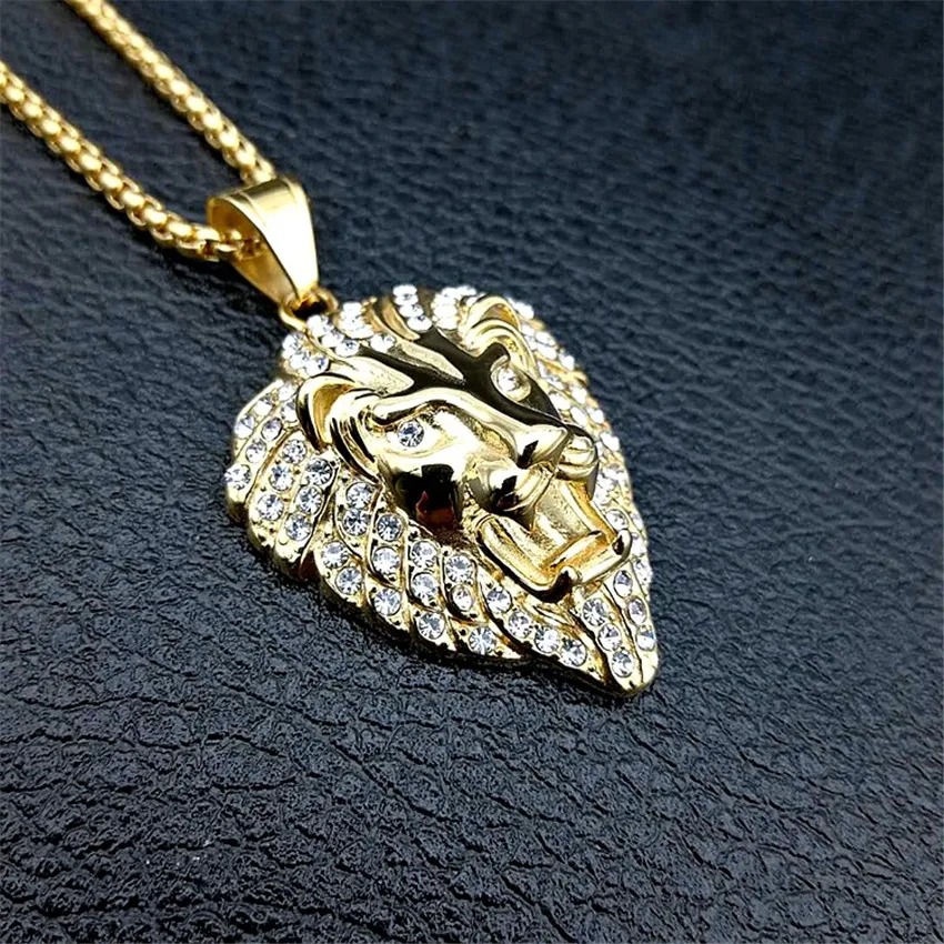 Хип хоп Шарм ледяной Bling золотая голова льва Подвески мужские ожерелья золотой