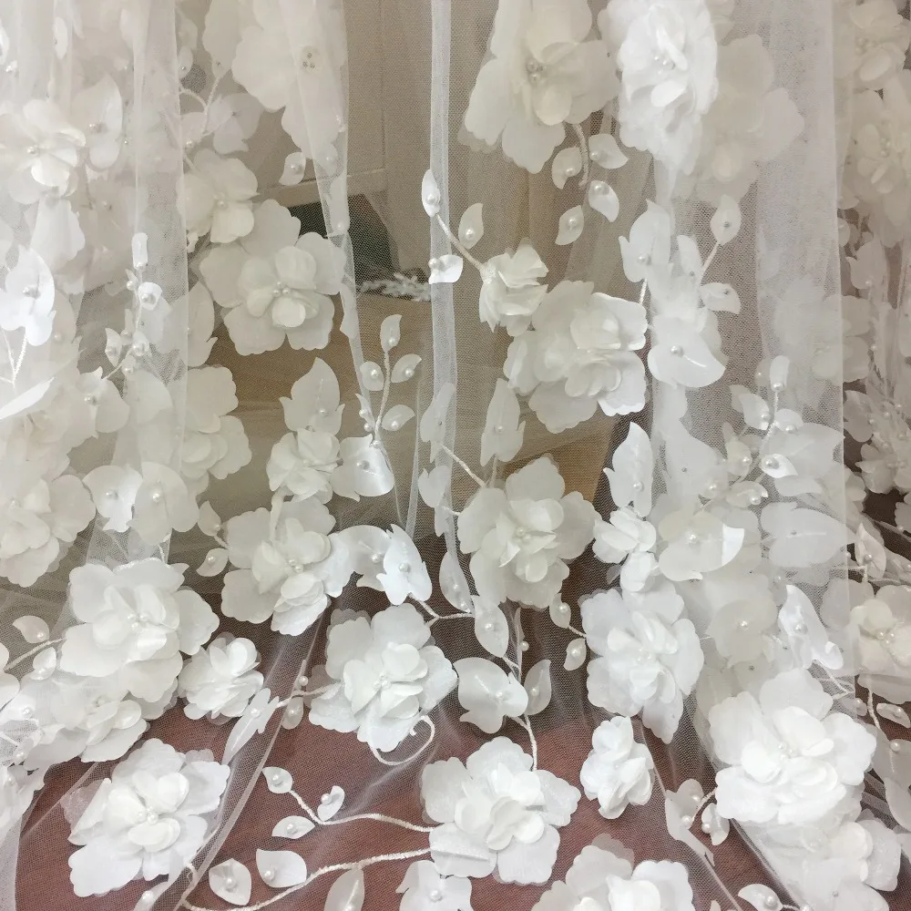 

1 Yard 3D Pearl Beaded Full Blossom Flower Tulle Lace Fabric in Off White , Wedding Gown Bridal Dress Prom Dress Fabric by Yard