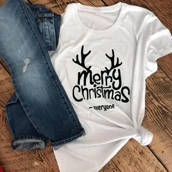 

Women Unisex Tees Cotton Pastel Aesthetic Tumblr Party Tops Gift Shirt Merry Christmas Everyone T-shirt Funny Reindeer Graphic