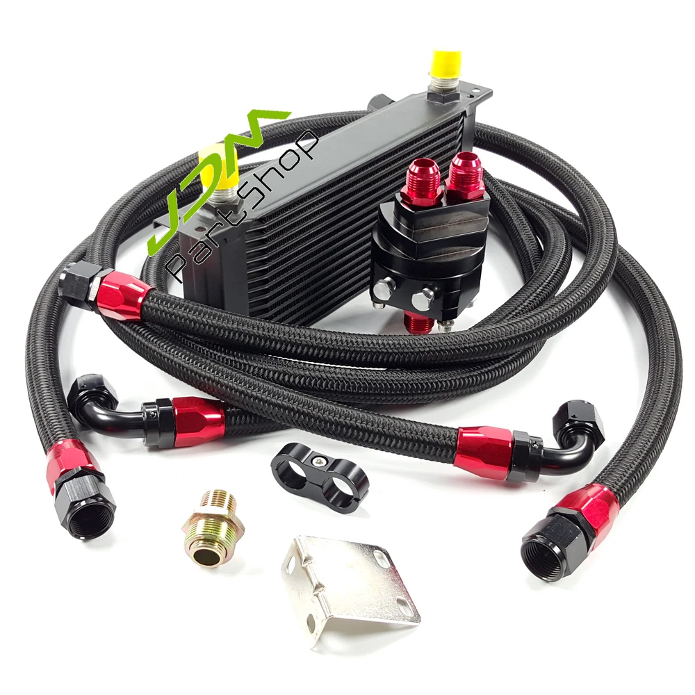 

UNIVERSAL 15 ROWS OIL COOLER+OIL FILTER SANDWICH ADAPTER BLACK + NYLON STAINLESS STEEL BRAIDED AN10 HOSE OIL COOLER KIT