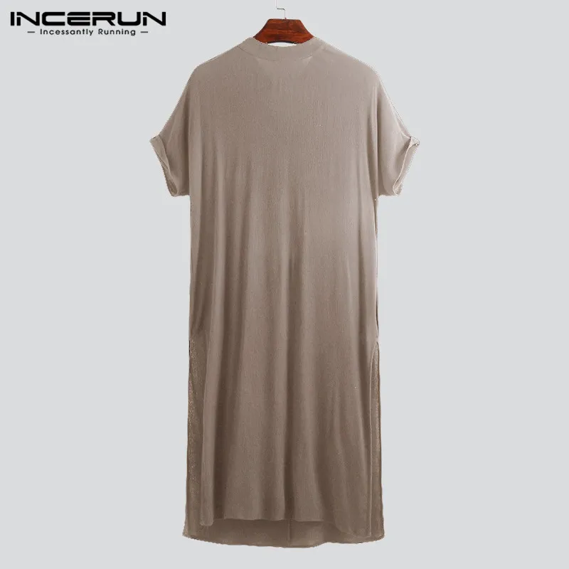 INCERUN, винтажная длинная футболка для мужчин, короткий рукав, однотонный, Повседневный пуловер, индийская одежда для мужчин, свободные, с разрезом, футболки для мужчин - Цвет: Khaki T Shirt