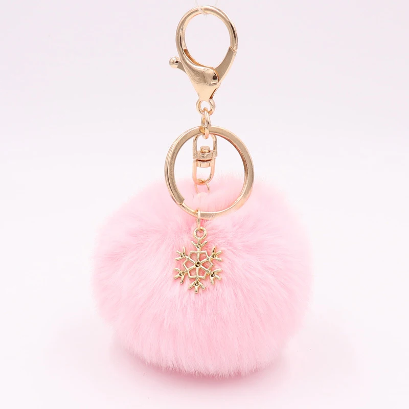 Пушистый искусственного меха кролика Софтбол помпоном Снежинка брелок для ключей Для женщин сумка Подвеска Шарм аксессуары Игрушка рождественские подарки - Цвет: Lt Pink