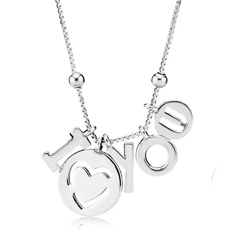 New 925 Sterling Silver Necklace Word I Love You With Sliding Barrel Clasp Necklace For Women