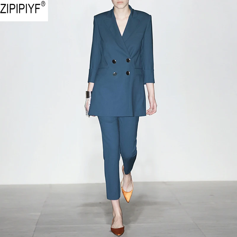 

2018 Spring England Style Turn-down Collar Three Quarter Sleeve Double Breasted Blazer&Zipper Fly Ankle-Length Pants Suits C154