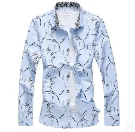 Мужская рубашка с длинными рукавами с принтом, тонкие деловые рубашки размер плюс мужской Повседневный бренд, новая рубашка, топы, мужские блузки - Цвет: light blue