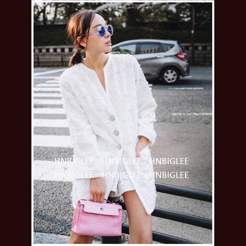 

Women's Jacket 2019 Autumn New White Long Sleeve Sequins Fashion Elegant Diamond Button Long Coat