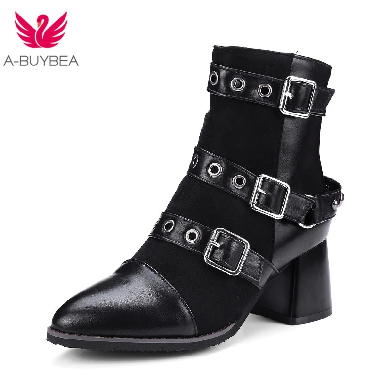 

Size 43 Belt buckle Fashion High-heeled Motorcycle Boots Women's Autumn Side Zipper PU Leather Boots High Quality Winter Boots