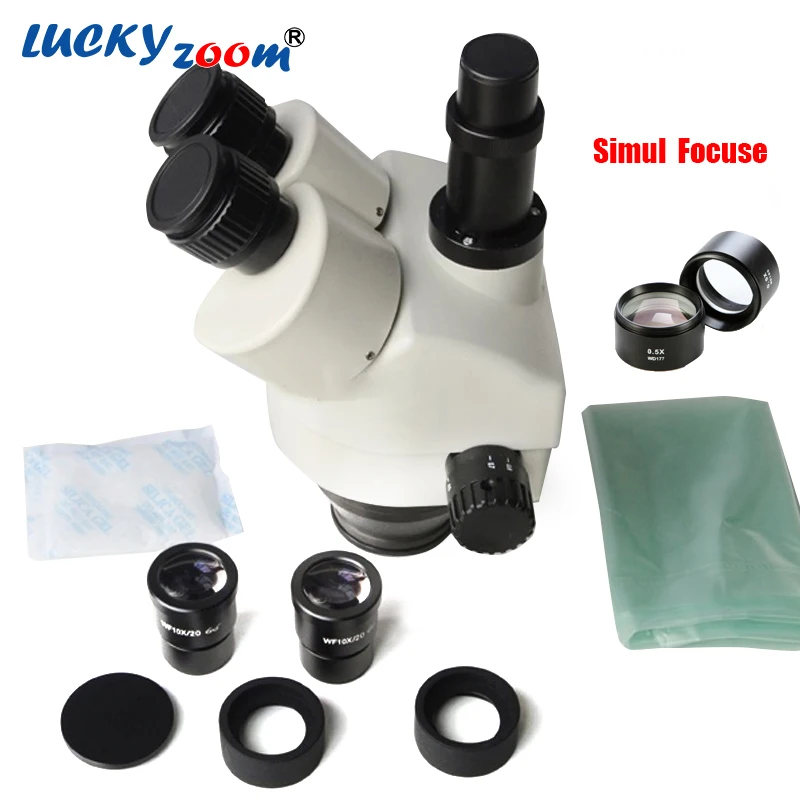 

Luckyzoom Brand 3.5X-45X Simul-Focal Trinocular Zoom Stereo Microscope Head WF10X/20 SZM0.5X WD165mm Microscopio Accessories