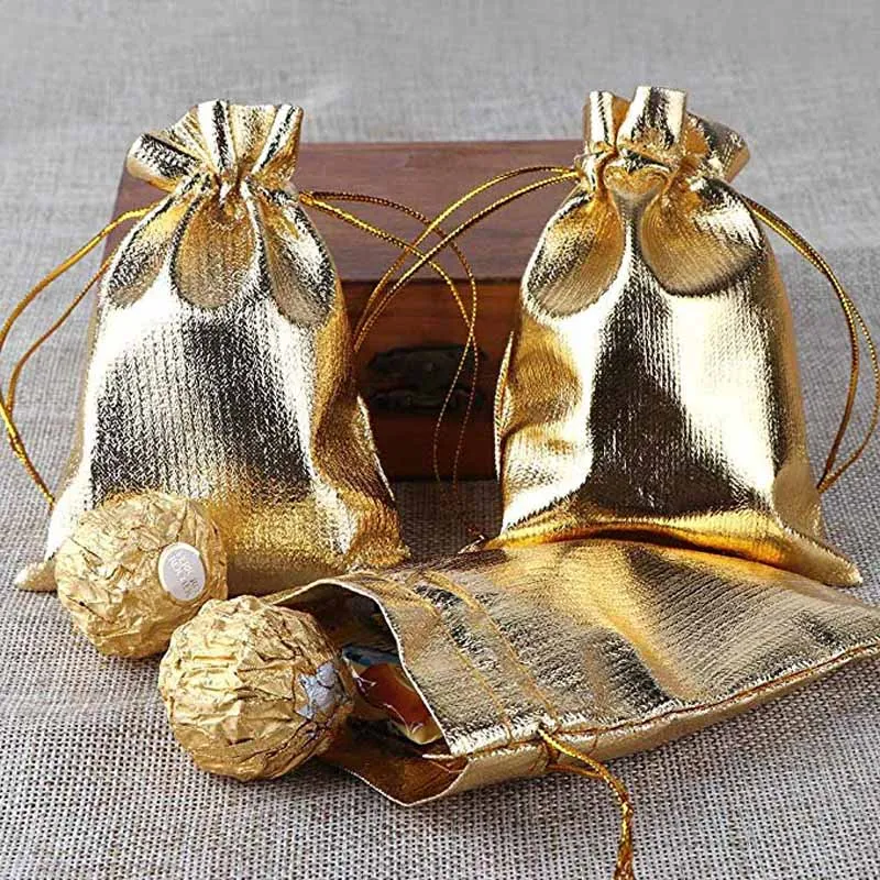 

10pcs Jewelry chocolate Candy Gift Bags Drawstring Pouch bridal Baby Shower Christmas tree Wedding decoration favor gold silver