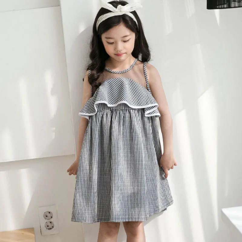 

patchwork mesh teenage girls cute dress party kids sundress white black plaid ruffles sleeveless kids princess dress summer 2018