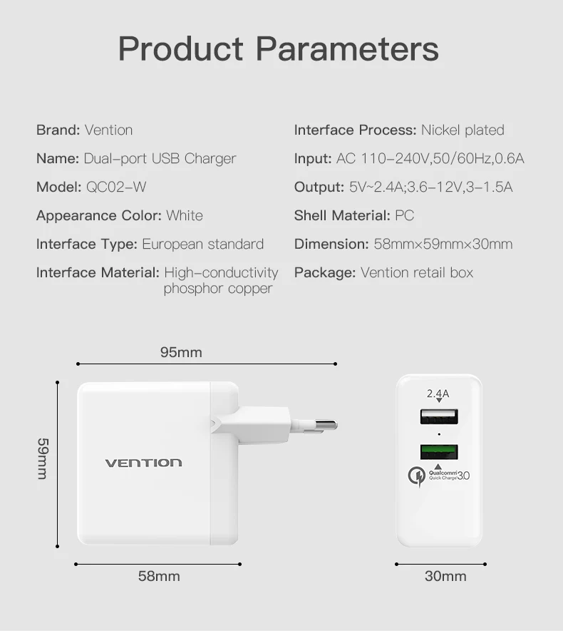 Vention быстрое зарядное устройство 3,0 USB быстрое зарядное устройство 3,0+ A два порта адаптер питания для samsung Xiaomi htc Google QC3.0 настенное зарядное устройство
