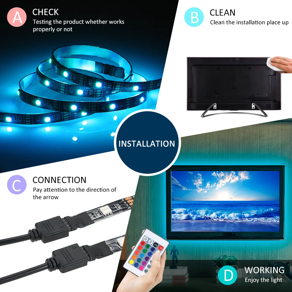 

TV Backlighting LED Strip Light Remote Control USB Charging Port Dimmable Colorful Lighting Effects DIY Decoration