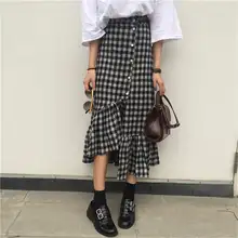 Ретро тонкая юбка с завышенной талией и пуговицами, Летняя женская юбка до середины икры