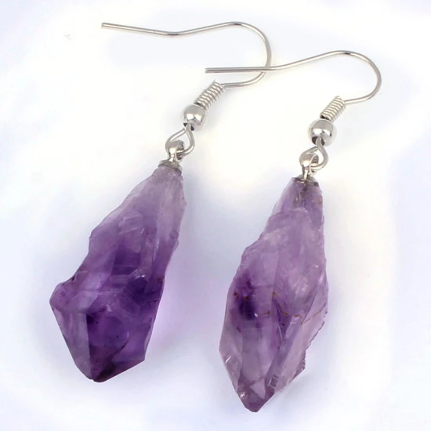 

wholesale 10Pair Very beautiful silver natural amethyst precious stone amorphous Dangle Hook Earring Women Eardrop for jewelry