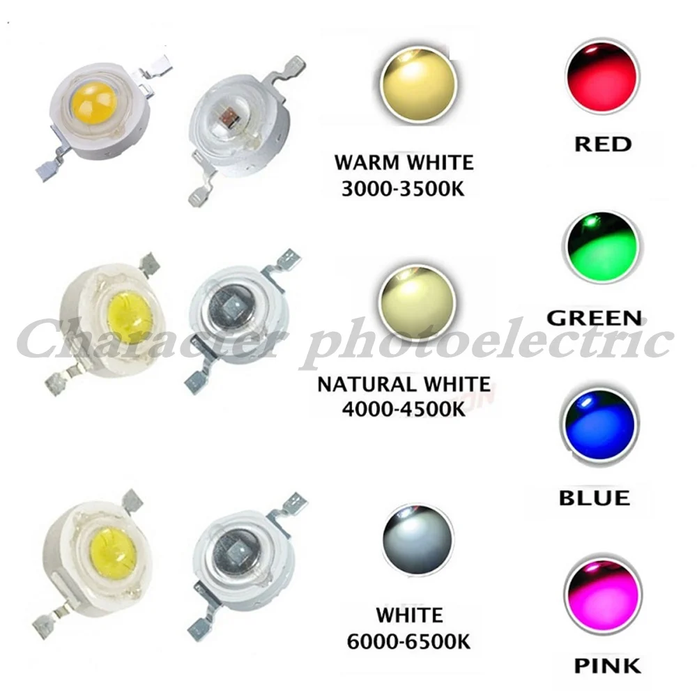 100pcs 1W 3W LED High Power LEDs Cold White Natural White Warm White RGB Red Green Blue Yellow Light Source