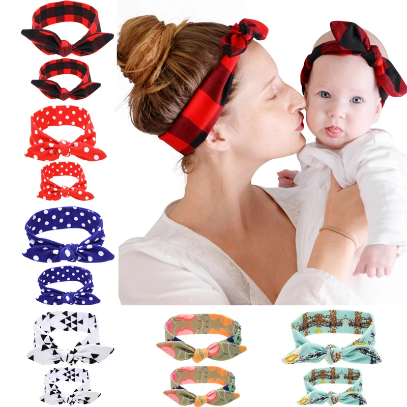 

C Baby Rabbit Ears Turban Stretch Hair Bands Dot Flower Bow Headband Head Wrap Women Hair Accessories Girl Ornament Parent-Child
