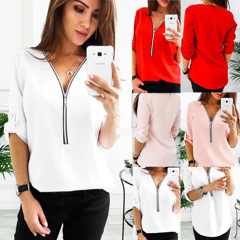 

Miyahouse Spring Design Female Solid Color Front Zipper Sexy Tees Women Adjustable Half Sleeve T-shirts Ladies Casual Loose Tops