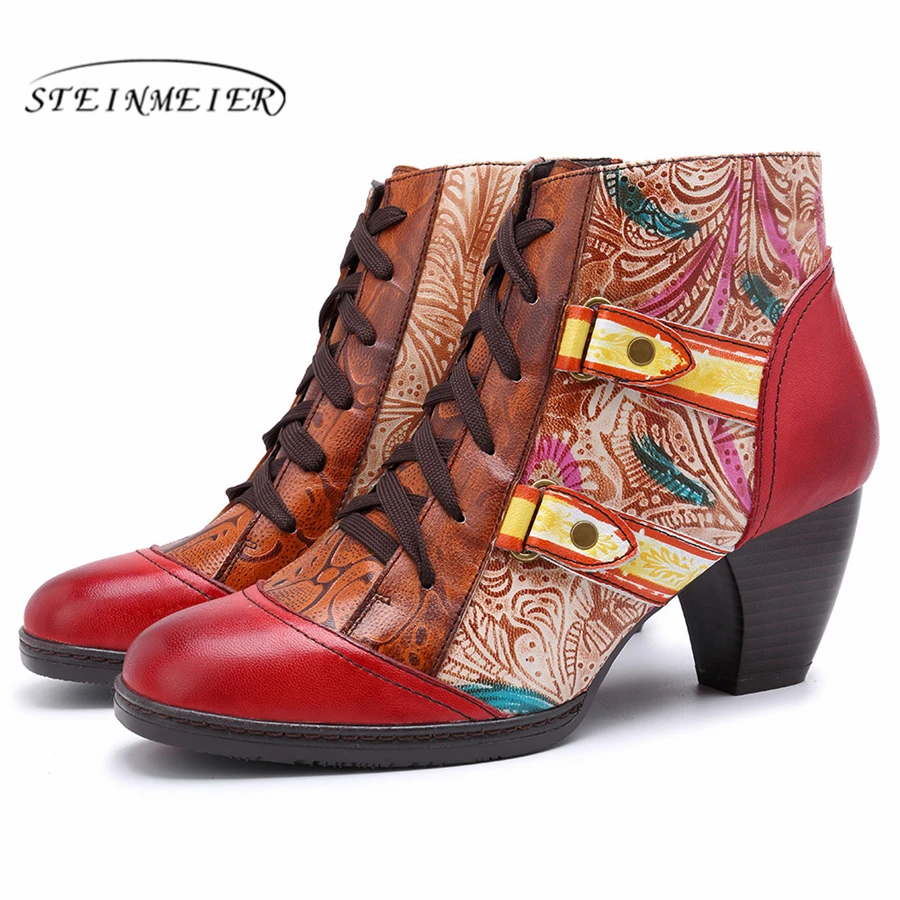 

Women winter Boots Spain Retro Genuine cow Leather Ankle Comfortable quality soft Shoes Brand Designer Handmade red 2019 spring