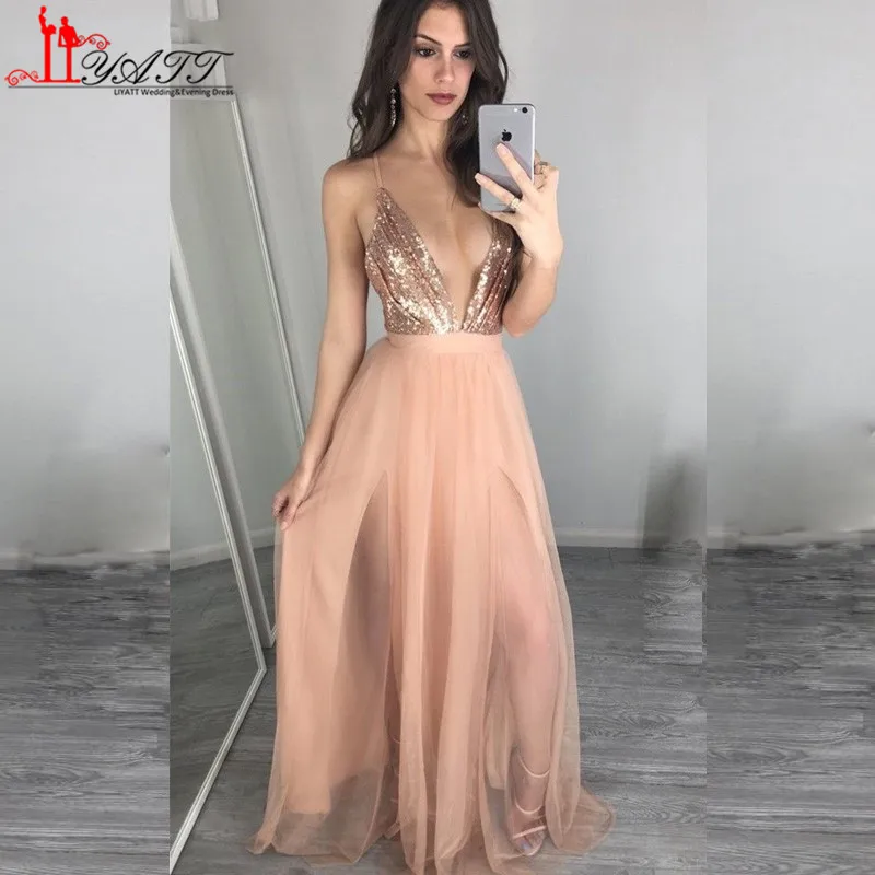 Rose Gold Sequin di Tulle Sexy Vestiti Da Sera Lunghi 2017 di Lunghezza Del  Pavimento Profondo Scollo A V Cinghie di Spaghetti Backless Prom Party  Dress|evening dresses long|evening dressprom party dress -
