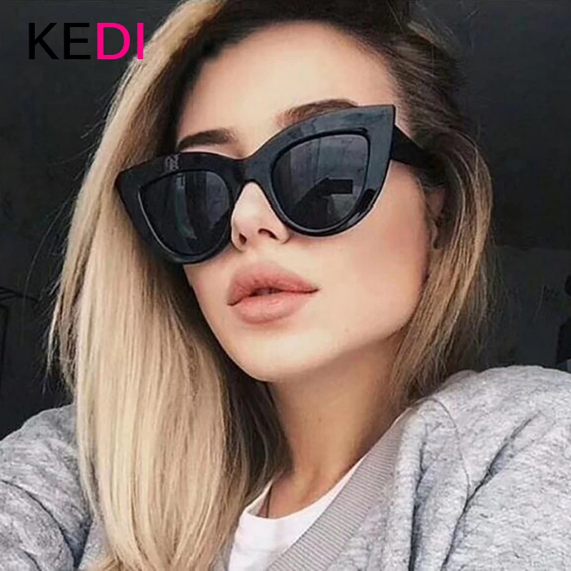 

KEDI Vintage Cat Eye Sunglasses Women Fashion Tinted Color Lens Men Shaped Sun Glasses Brand Designer Cateye Mirror Sun Glasses