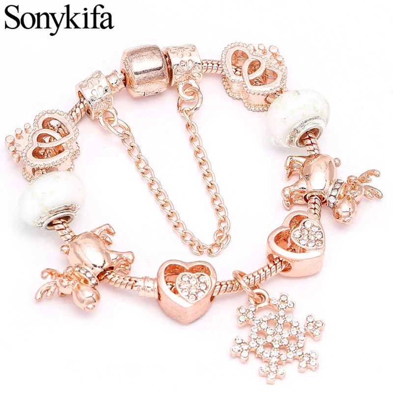 

Sonykifa Antique Rose Gold Snake Chain Charm Bracelet & Bangle With Crystal Beads Pandora Bracelet For Women Vintage Jewelry