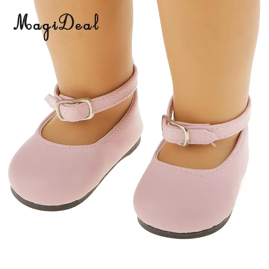 MagiDeal Cute 1Pair Patent Leather Pump Dolly Flat Ankle Strap Shoes w/ Bow for 18 Inch America Girl Doll Pretty Dress 6Colors