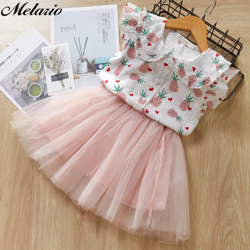 

Melario Girls Dresses Summer Cute Princess Girl Shirt + Gauze Dress Suit 2PCS Pineapple Print Girls Dress Set Children Clothing
