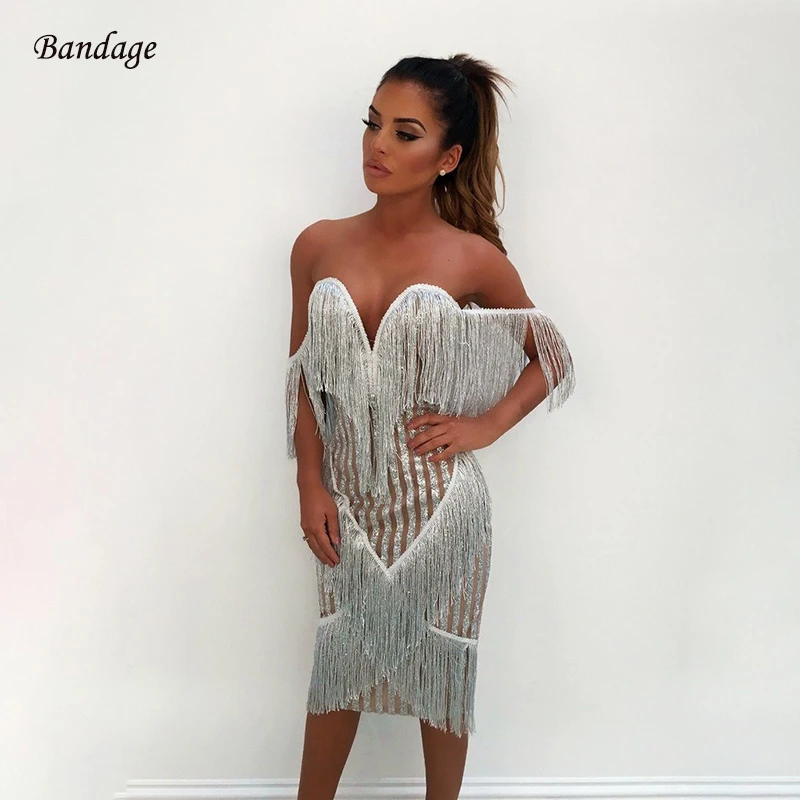 

2018 Cold Shoulder Glitter Sexy Sequins Shine Party Tassel Off The Shoulder Plunge V Neck Midi Bodycon Women Dress With Fringe