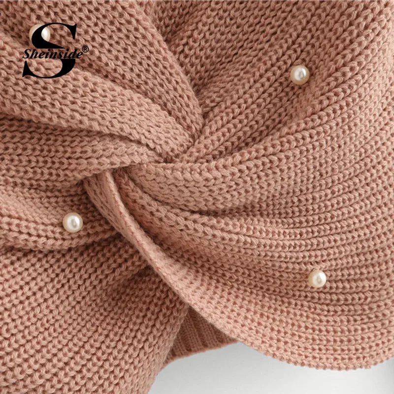 Günstig Sheinside Plain V Neck Perle Perlen Casual Pullover Langarm Detail Twist Gestrickte Pullover Herbst Winter Tops Für Frauen Pollover