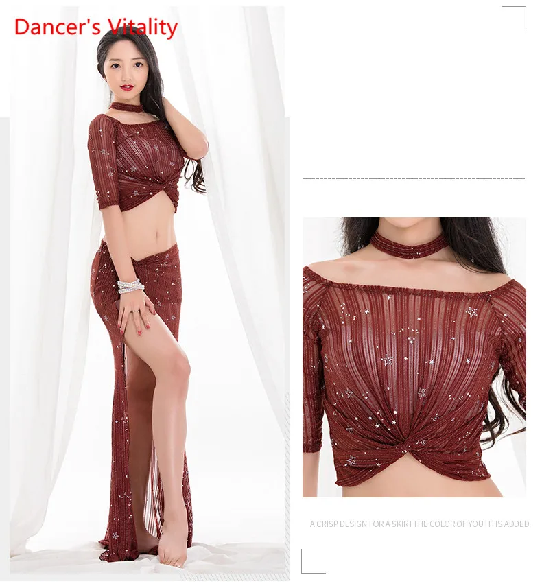 Летний дизайн, сексуальный жилет, костюм для танца живота, 2 предмета, элегантная, восточная, свободная, длинная юбка, танцевальная одежда