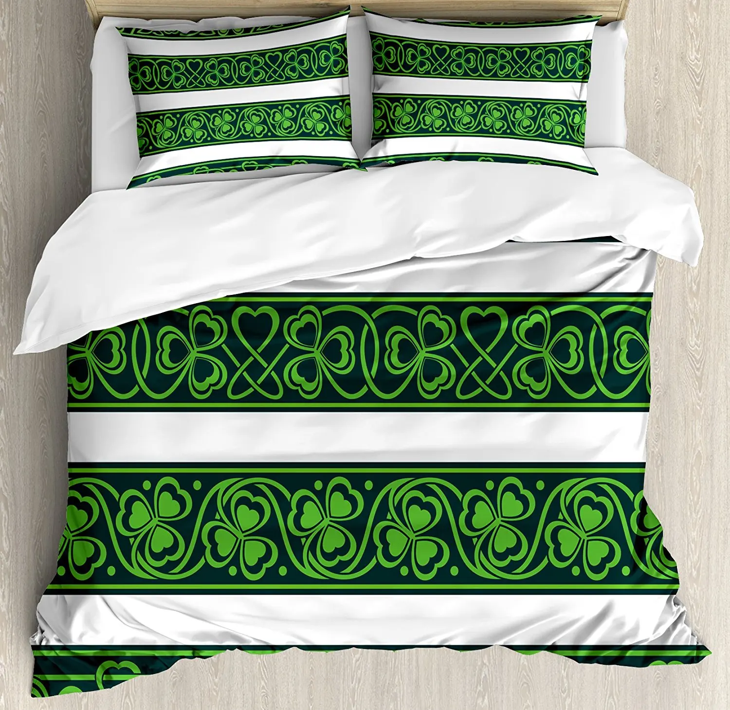 

Irish Duvet Cover Set Shamrock Borders Gaelic Nature Botany Theme Artistic Trefoils with Swirls Decorative 4 Piece Bedding Set