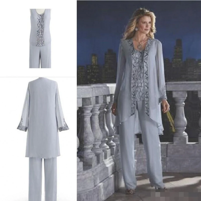 

Hot Sale Silver Chiffon Mother Of The Bride or Groom Dresses Pants Suit Three Pieces with Jacket Sequins Wedding Guest Wear 2019