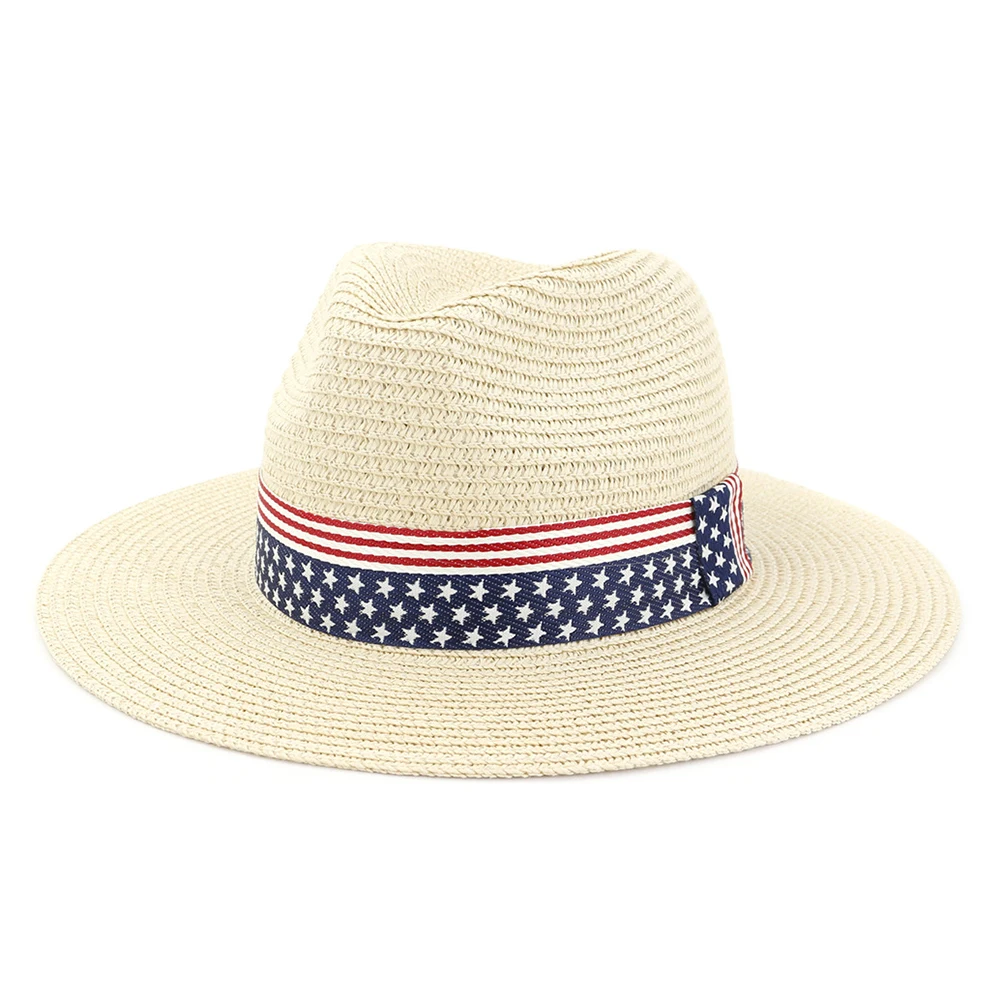 Summer Paper Straw Wide Brim Sun Hats Men Women British Style Jazz Fedora Beach Hat with US Flag Ribbon