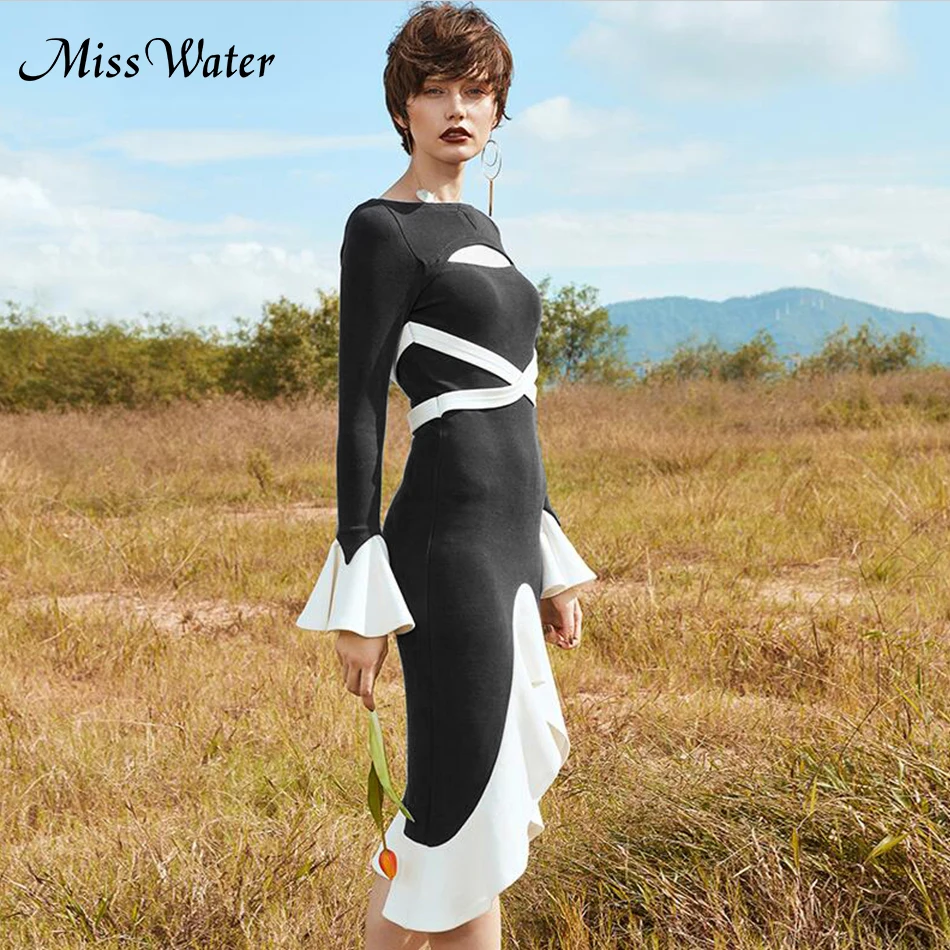 Miss Water 2018 New White Black Women Bandage Dress Office Lady Sheath Strtiped Full Length Cascading Ruffle Flare Sleeve | Женская
