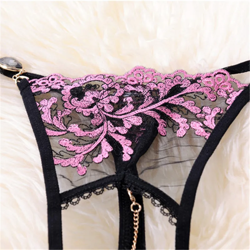 Women's Erotic Panties Female Erotic Lingerie Sexy Embroidery Crotchless Panties With Pendant Open Crotch Sex Thongs Underwear