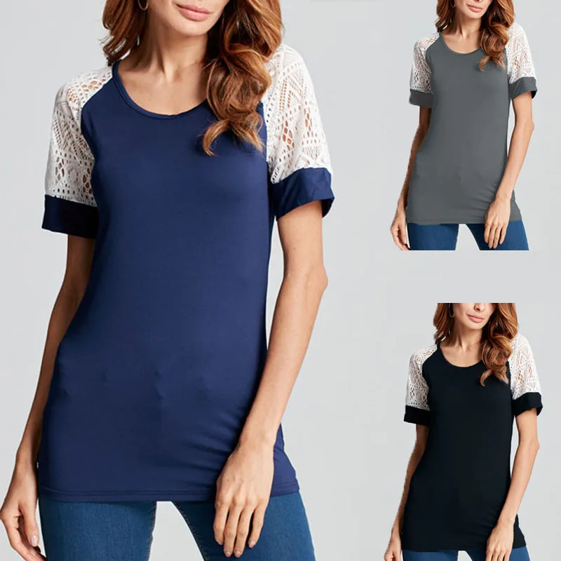 Women Slim Fit Hollow out Tops Crewneck Short Sleeve Blouse Casual Solid Shirt Blusas Fashion Sexy O Neck Lace Broadcloth Soft Blouses