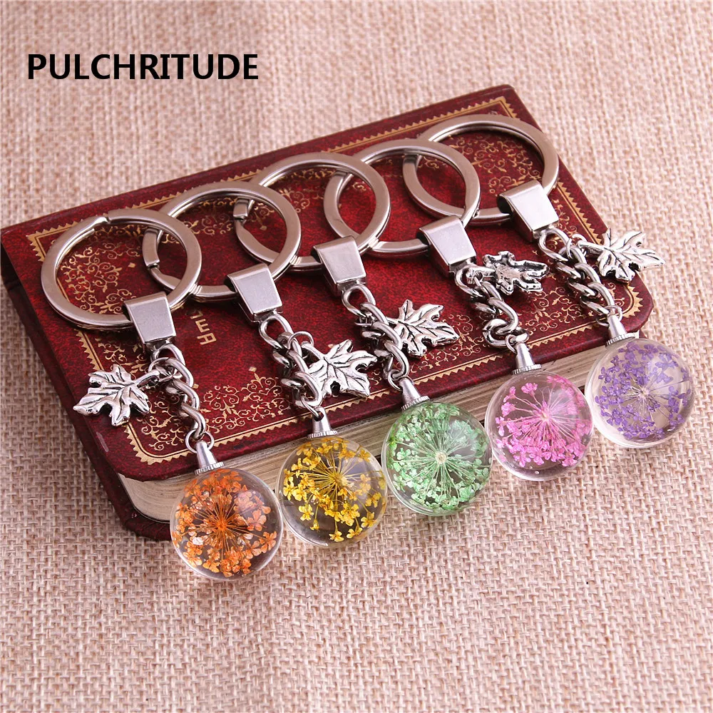 PULCHRITUDE 2 шт/комплект металлический брелок кристалл Стекло мяч кулон с высушенным Цветком Листьев Растений Шарм брелок ювелирные изделия Diy C0538