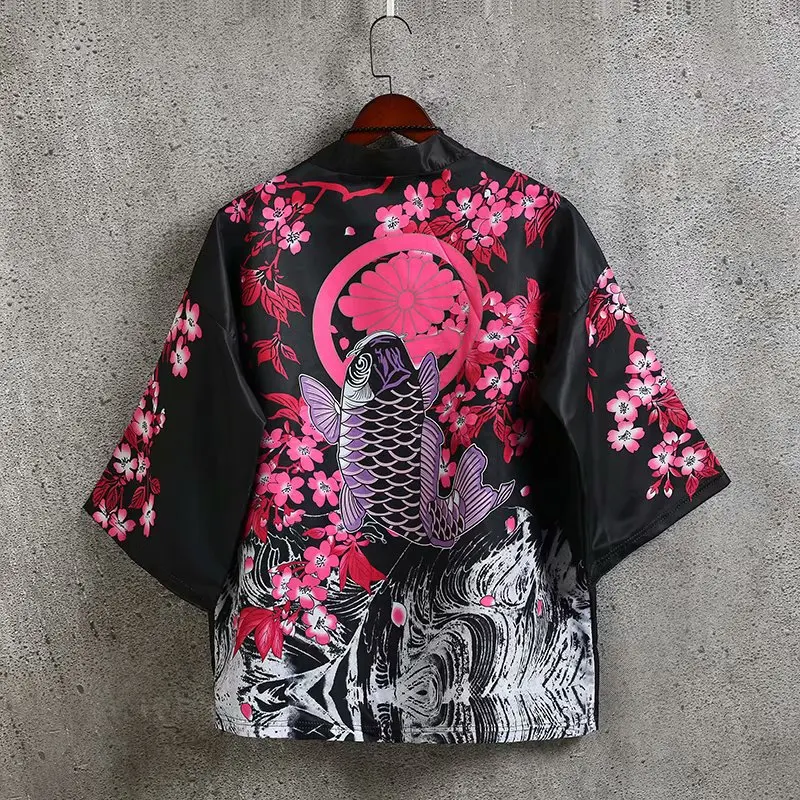

Men Summer Loose Cotton Kimono Jacket Streetwear Open Stitch 3/4 Sleeve Cardigan Japanese Style Harajuku Coat