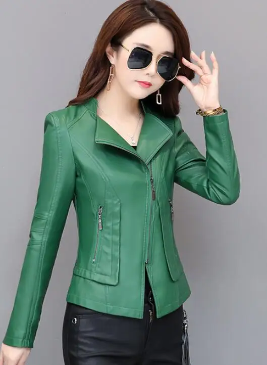 Большие размеры 3XL 4XL короткая куртка из искусственной кожи женская черная оранжевая байкерская куртка большой размер мотоциклетная зеленая верхняя одежда KF6902 - Цвет: Зеленый