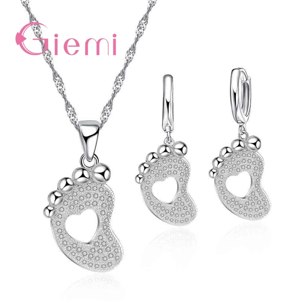 

Child Feet Style Jewelry Sets For Women 925 Sterling Silver Hoop Earring Necklace Set Baby Pendant Crystal CZ Wholesale