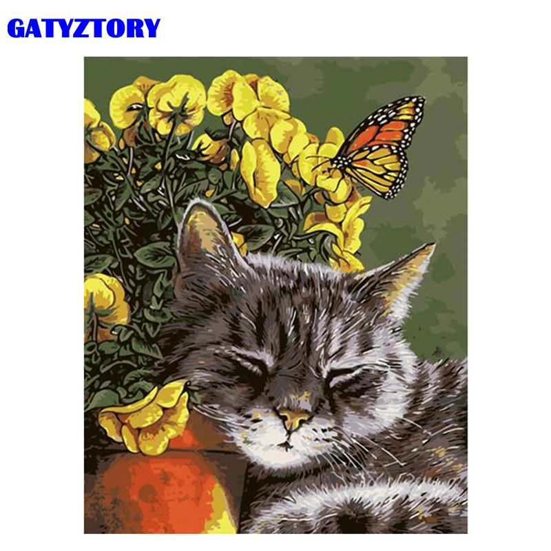 

GATYZTORY Frame Cat Butterfly DIY Painting By Number Modern Wall Art Hand painted Oil Painting Acrylic Paint On Canvas 40x50cm