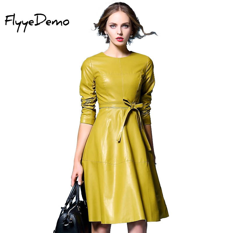Yellow Black Faux Leather Dress Women 2018 Autumn Leather Formal Bow ...