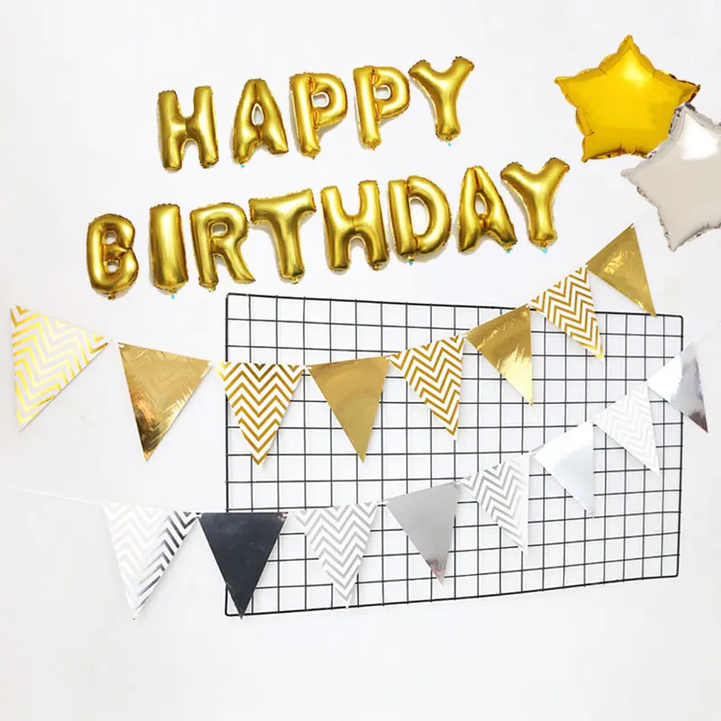 

Sparkly Gold/Silver Banners Happy bIrthday Balloons Stripe Star Design Wedding Decorations Garland Baby Shower Bunting Supplies