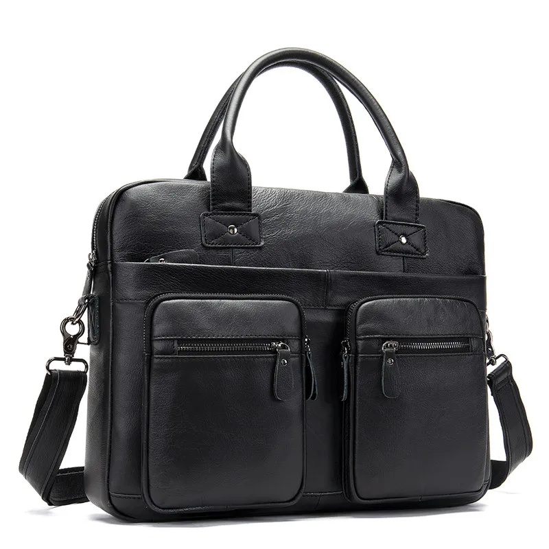 PNDME vintage First layer cowhide Men's briefcase genuine leather 14 inch business laptop bag shoulder bag Crossbody Bags office